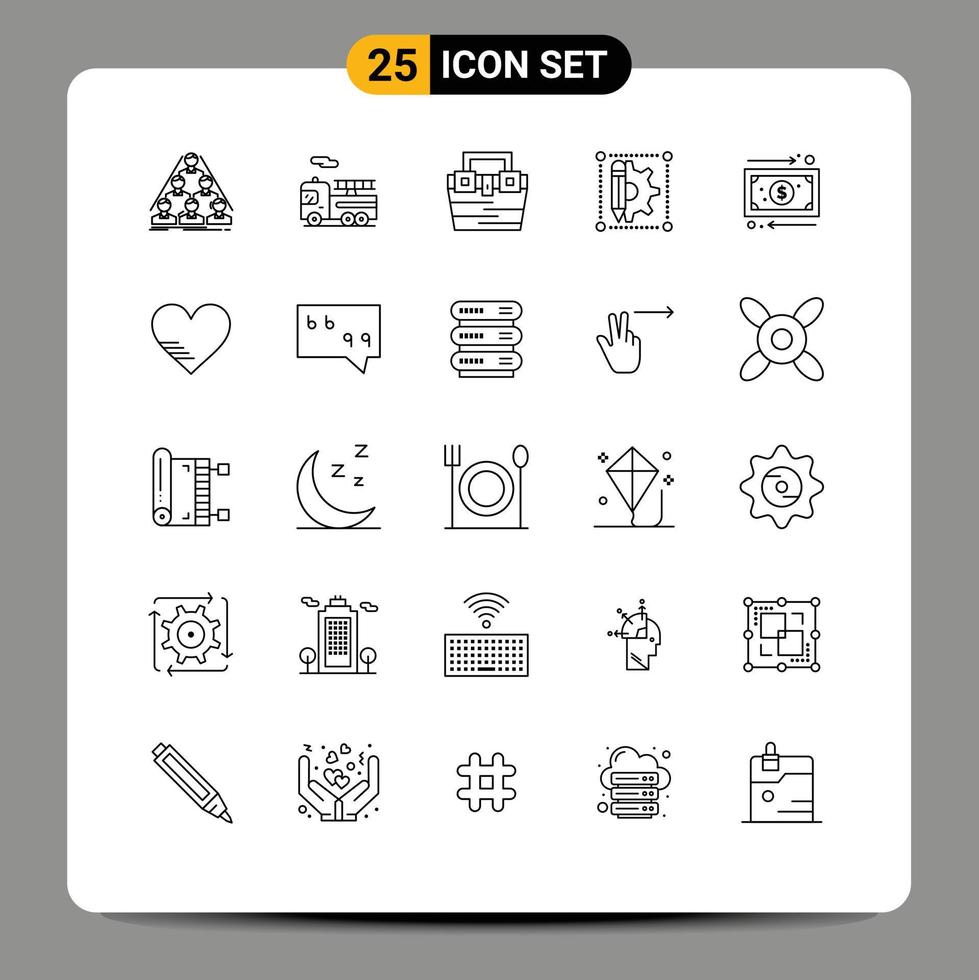 Stock Vector Icon Pack mit 25 Linienzeichen und Symbolen für Business Gear Bag Design Toolkit editierbare Vektordesign-Elemente