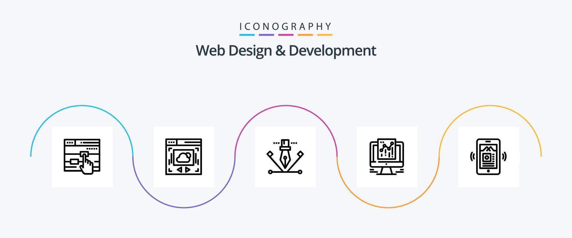 Webdesign- und Entwicklungslinie 5 Icon Pack inklusive Daten. Cloud-Sharing. Stiftwerkzeug. Entwerfen vektor
