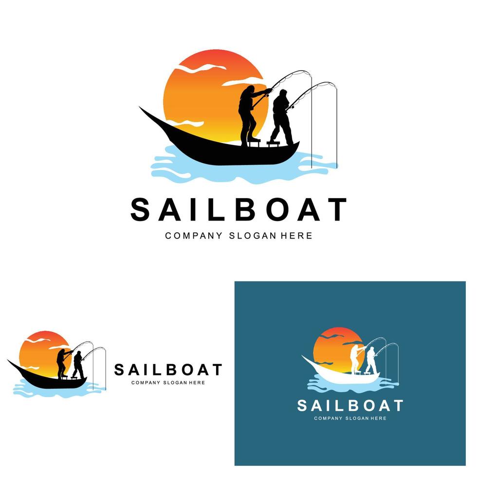 segelboot logo design, fischerboot illustration, fischerboot unternehmen marke vektorsymbol, bootsgeschäft design, fischgeschäft, transport vektor