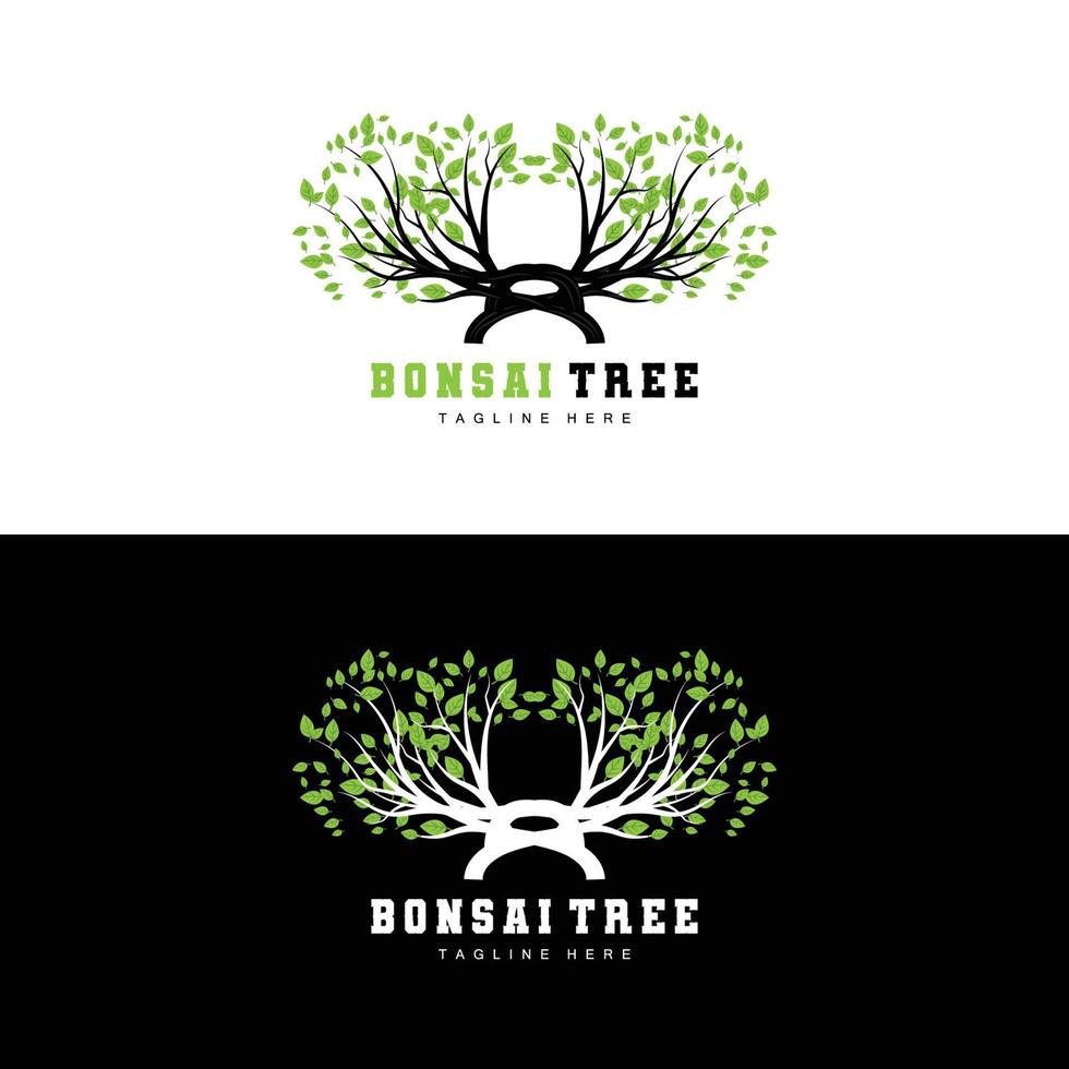 grön träd logotyp design, bonsai träd logotyp illustration, blad och trä vektor