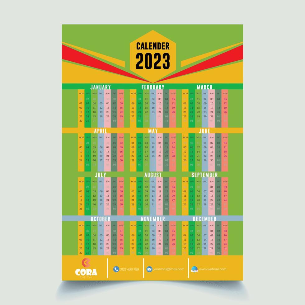 2023 Kalenderjahr-Vektorillustration. die Woche beginnt am Sonntag. Jahreskalender 2023 Vorlage. Kalenderdesign in Schwarz-Weiß-Farben, Sonntag in roten Farben. Vektor