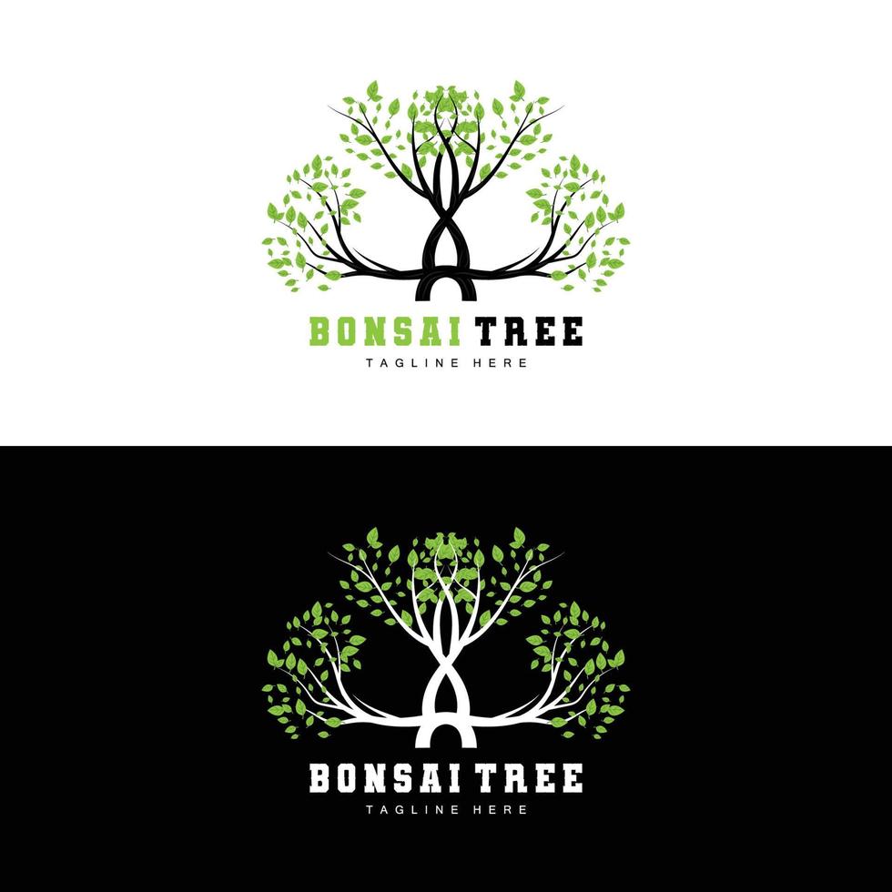 grünes Baum-Logo-Design, Bonsai-Baum-Logo-Illustration, Blatt- und Holzvektor vektor