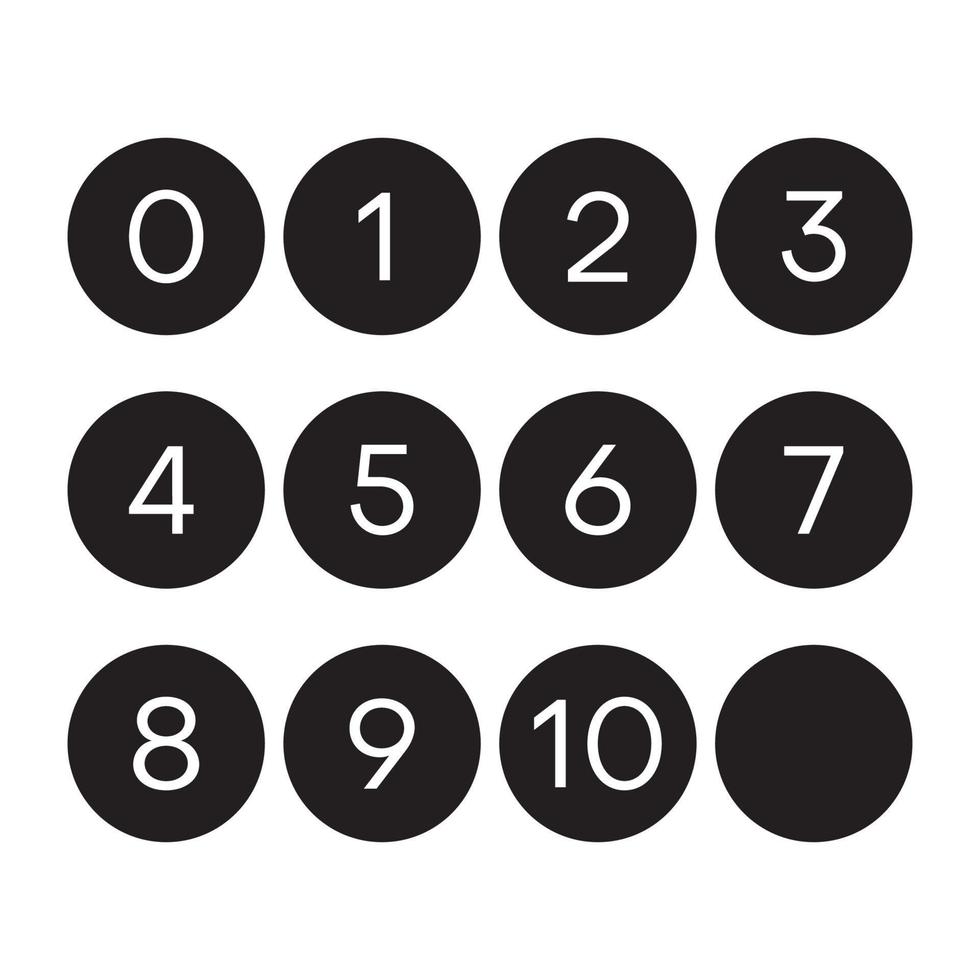 einfacher Satz schwarzer Kreise mit den Zahlen 0 bis 10 im Inneren. Vektor-Illustration. vektor
