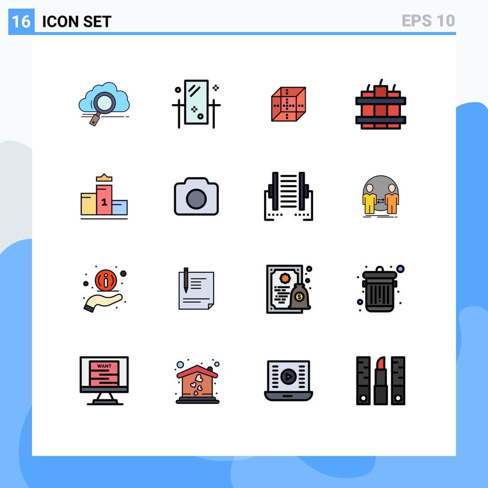 16 universell platt Färg fylld rader uppsättning för webb och mobil tillämpningar piedestal dynamit spegel bomba datoranvändning redigerbar kreativ vektor design element