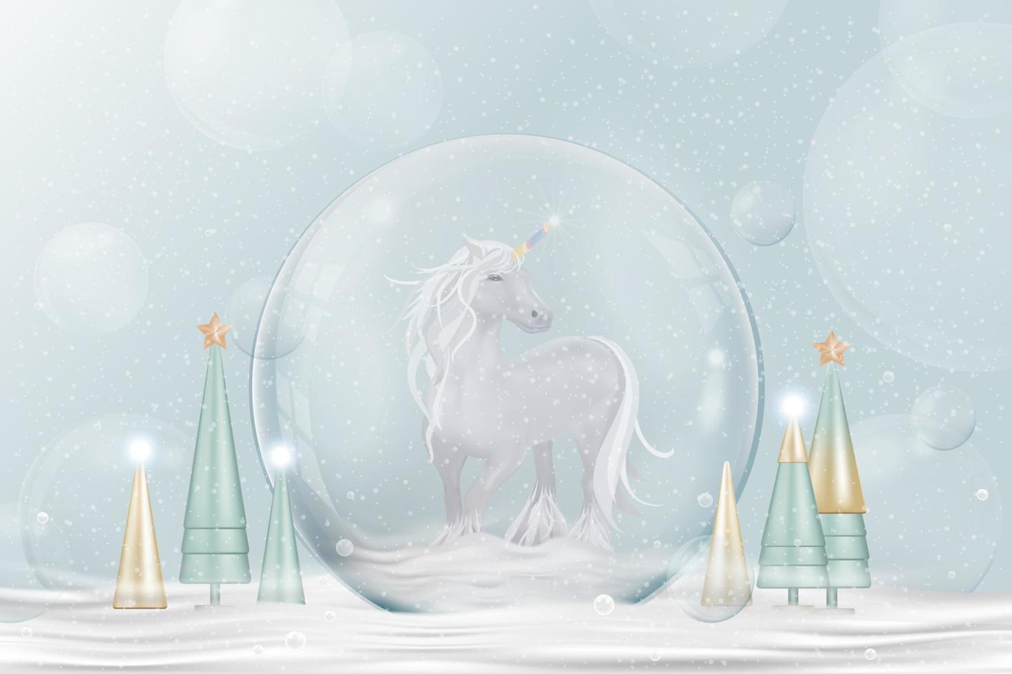 frohes neues jahr und frohe weihnachten hintergrund. weihnachtsschneeball mit einhorn, konischer baum auf schnee, glasschneekugel 3d design. festliche weihnachtselemente. urlaubsplakat, grußkarte, flyer vektor