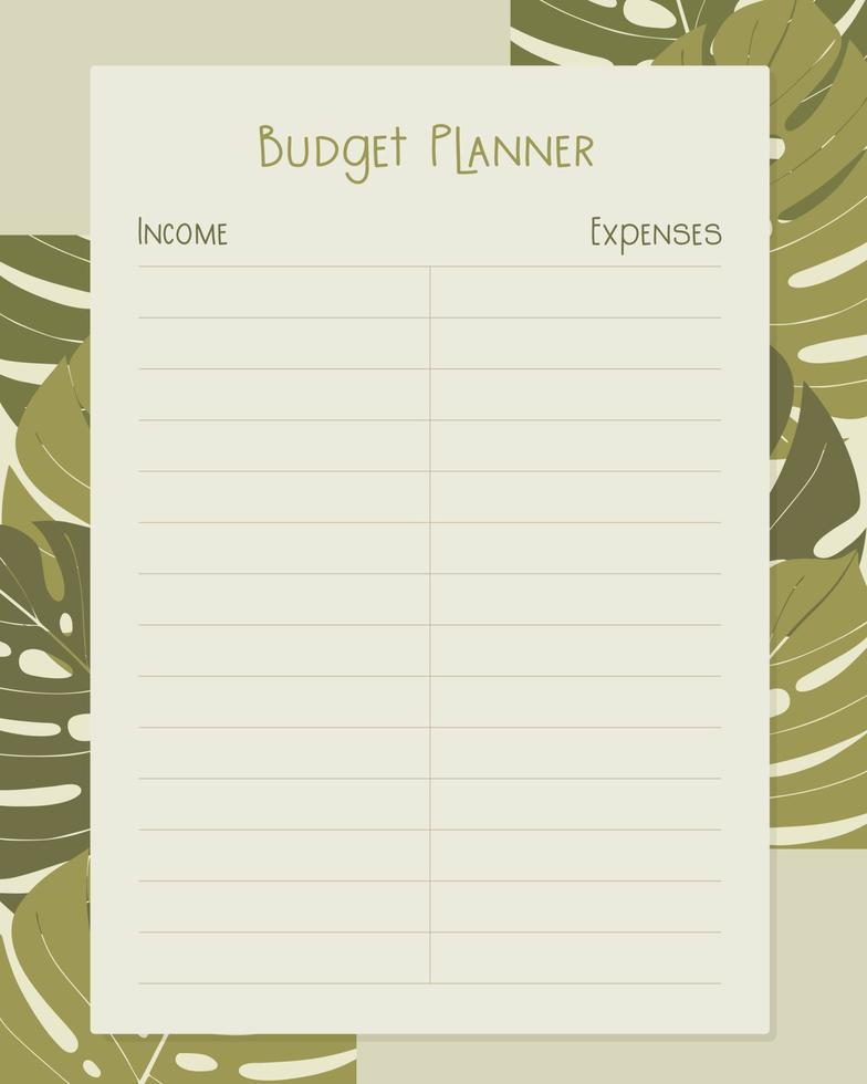 budget planer vorlagenseitendesign mit blättern monstera, einnahmen und ausgaben. vektor
