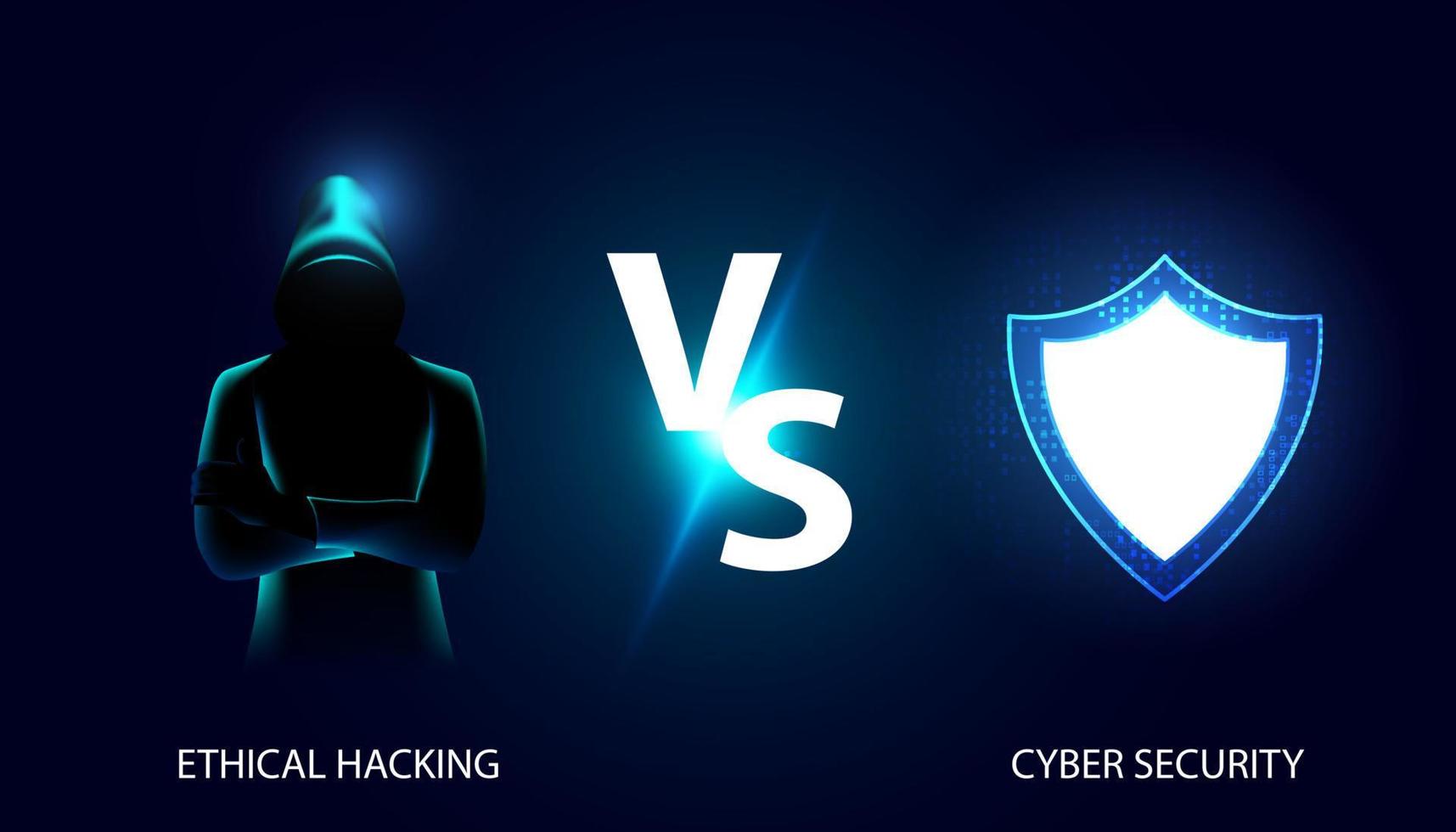 abstraktes Mesh-Hacker- und Schild-Cybersicherheitskonzept vs. Vergleich zwischen ethischem Hacking, ethischem Angriff, White-Hat-Hacking und System auf schönem blauem Hintergrund, digital, futuristisch, modern vektor