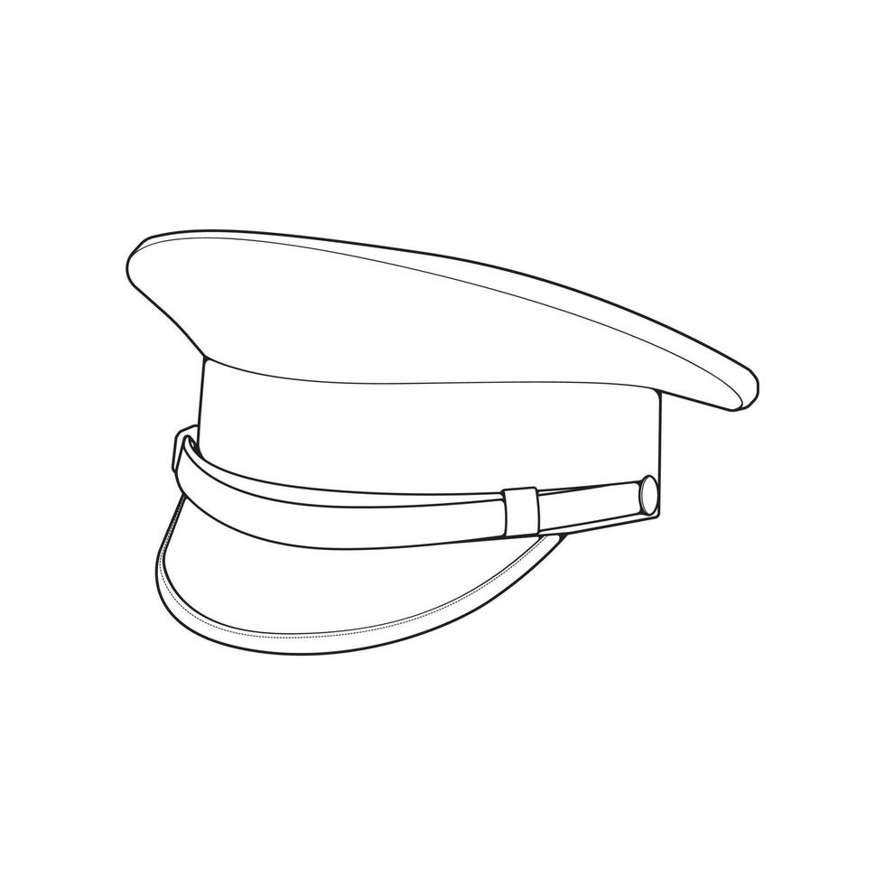 umreißen Sie die militärische Kappenvektorillustration, die auf weißem Hintergrund lokalisiert wird. skizzieren Sie den Militärkappenvektor für das Malbuch. vektor
