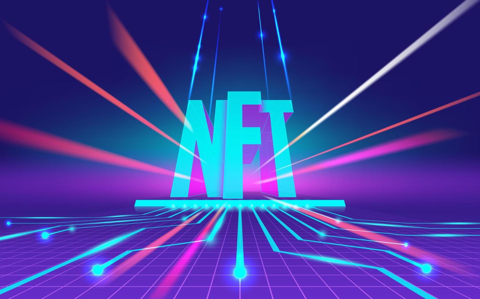 vektorillustration mit nft-typografie, strahlen auf blauem hintergrund. konzept von nicht fungiblen token, digitalen gegenständen für kryptokunst, spiele, sammel- und blockkettentechnologie für infografiken, banner. vektor