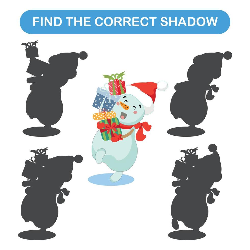 Lernspiel für Kinder. Finde den richtigen Schatten für den Schneemann. vektor