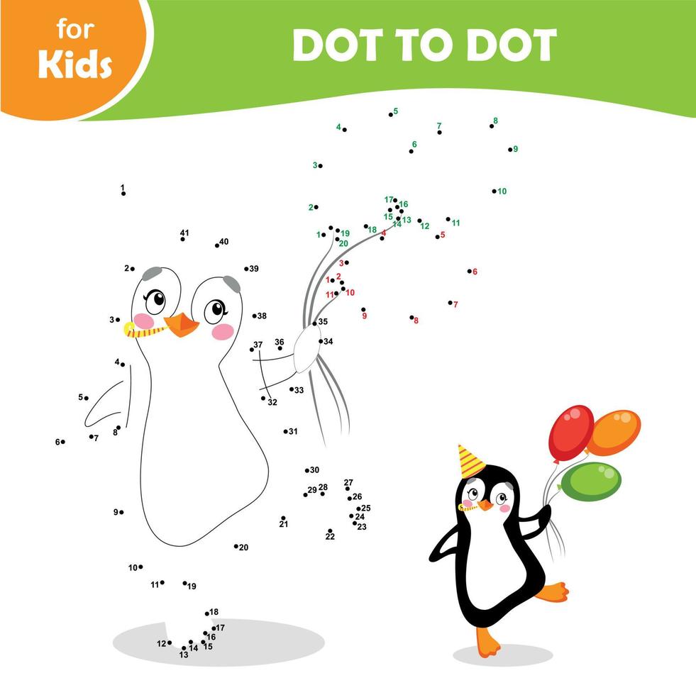 Minispiele für Kinder, Punkt zu Punkt. Pinguin, Geburtstagsstil mit Luftballons vektor