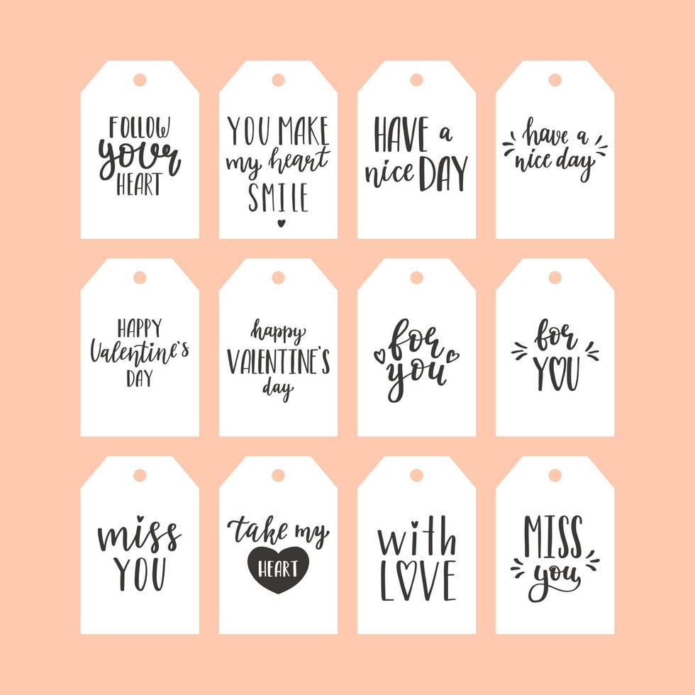en uppsättning av gåva taggar med svart och vit handskriven fraser för hjärtans dag. en samling av närvarande etiketter med Grattis och lyckönskningar. enkel vektor illustrationer på en vit bakgrund.