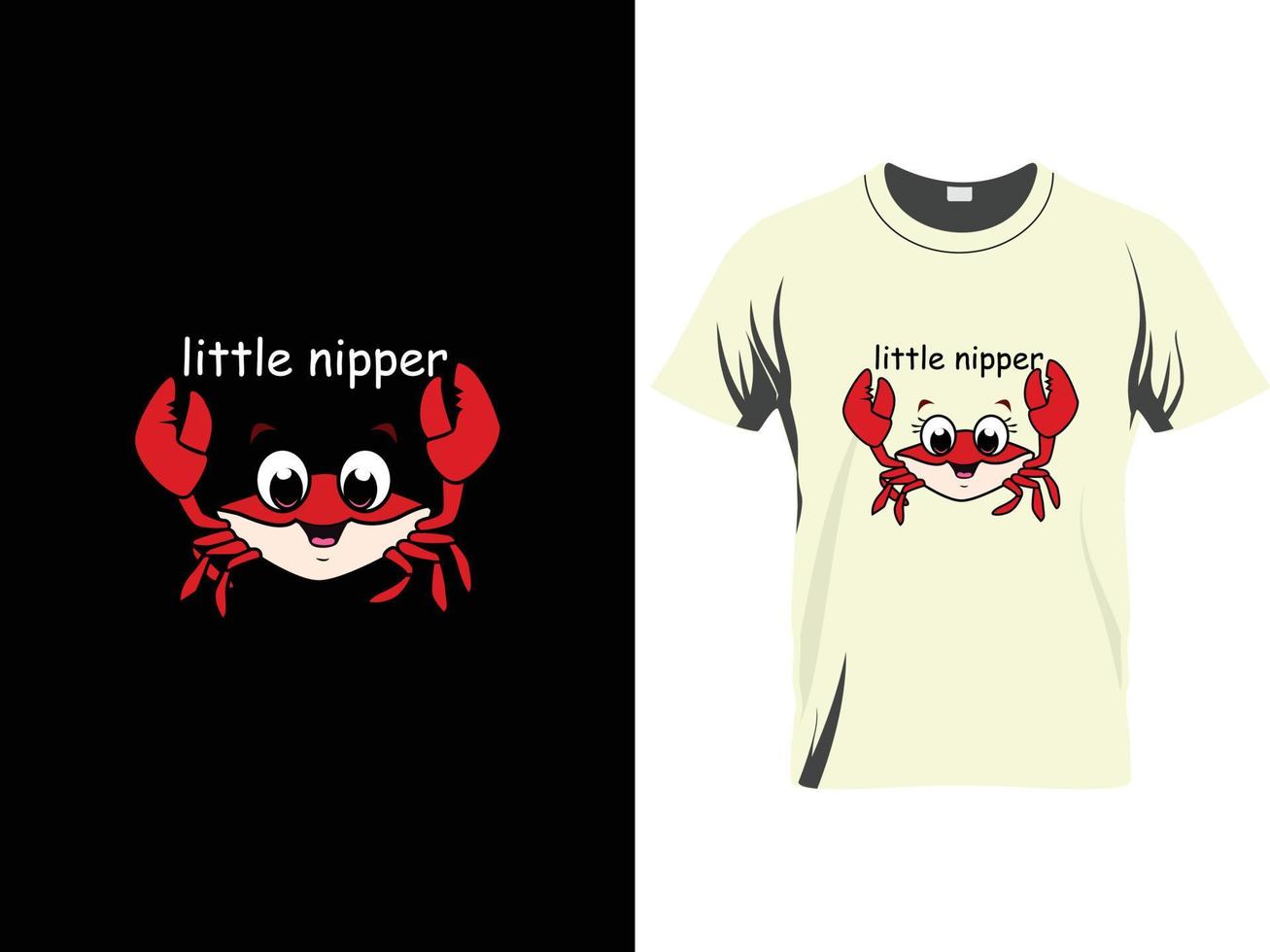 Designkonzept für kleine Krabben-T-Shirts. niedliche Krabbenvektorillustration, flaches Cartoon-Design, mit zusätzlichem Blick auf T-Shirt. vektor