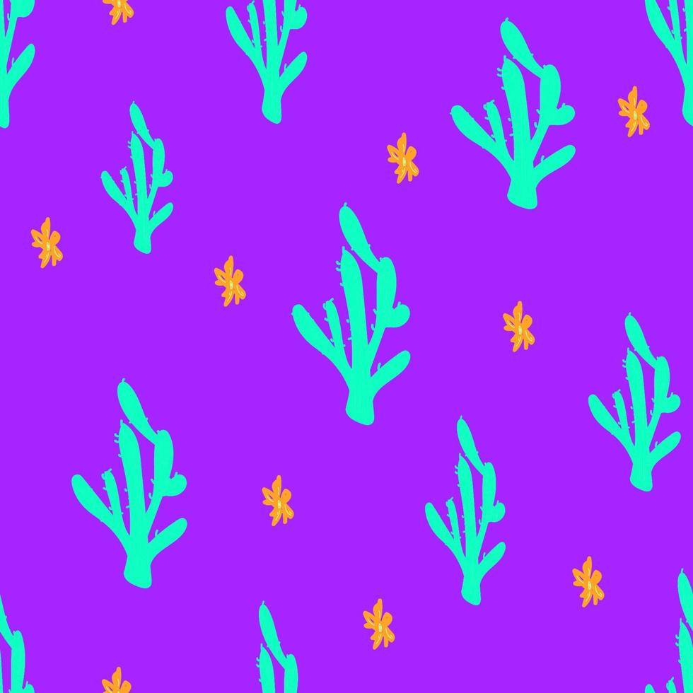 sömlös vektor hand dragen mönster med söt kaktus och blommor, botaniska illustration för tapeter, omslag och förpackning design, färgglad motiv för tyg och textil- i platt stil