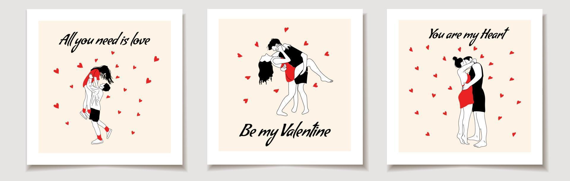 valentines dag begrepp, kort uppsättning av par i kärlek över vit bakgrund, färgrik minimalistisk enkel design, vektor illustration