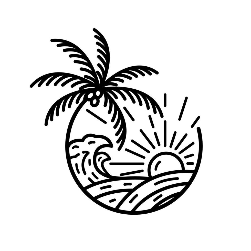 ozeanwelle tropische insel und palme logo linie kunst vektorillustration vektor