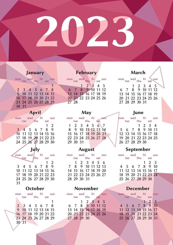 Kalender 2023. geometrisches Low-Poly-Design. Kalender 2023 auf englisch. Woche beginnt am Montag. A4 vertikale Seite vektor