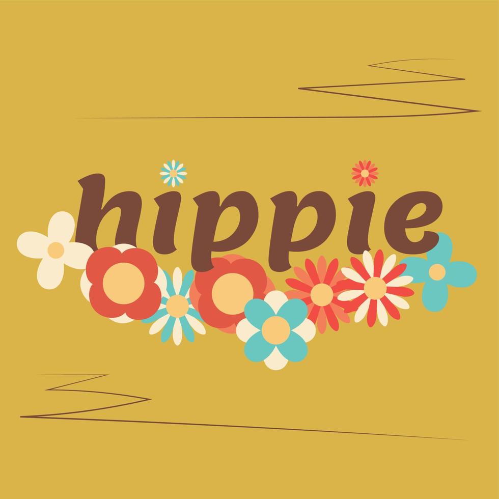 ikon, klistermärke i hippie stil med text hippie på bakgrund med blommor vektor