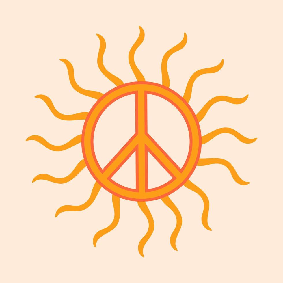 Symbol, Aufkleber im Hippie-Stil mit orangefarbenem, sonnigem Peace-Zeichen auf beigem Hintergrund. Retro-Stil vektor