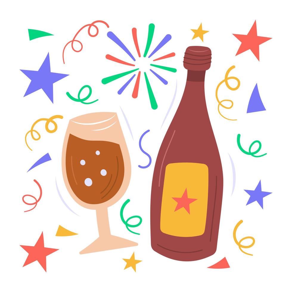 Neujahrsgetränk und Weinaufkleber auf weißem Hintergrund vektor