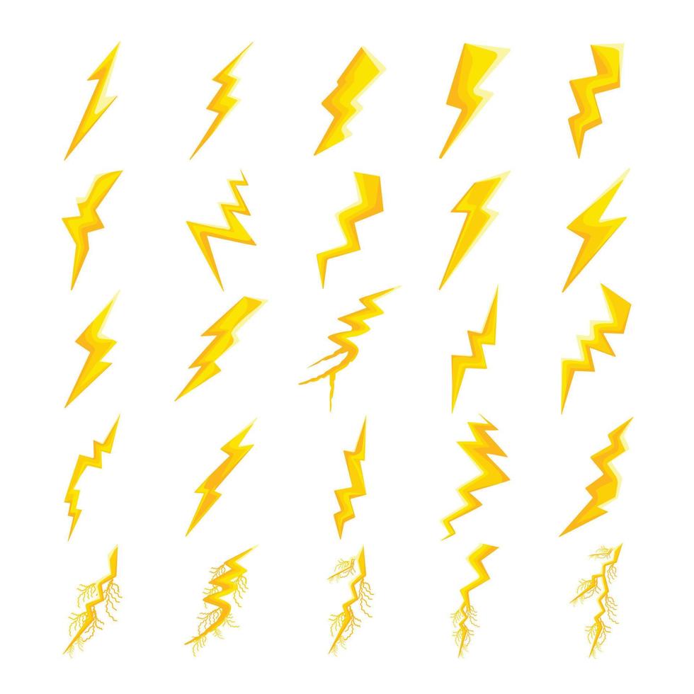 blixt- bult ikoner uppsättning tecknad serie vektor. elektrisk kraft vektor