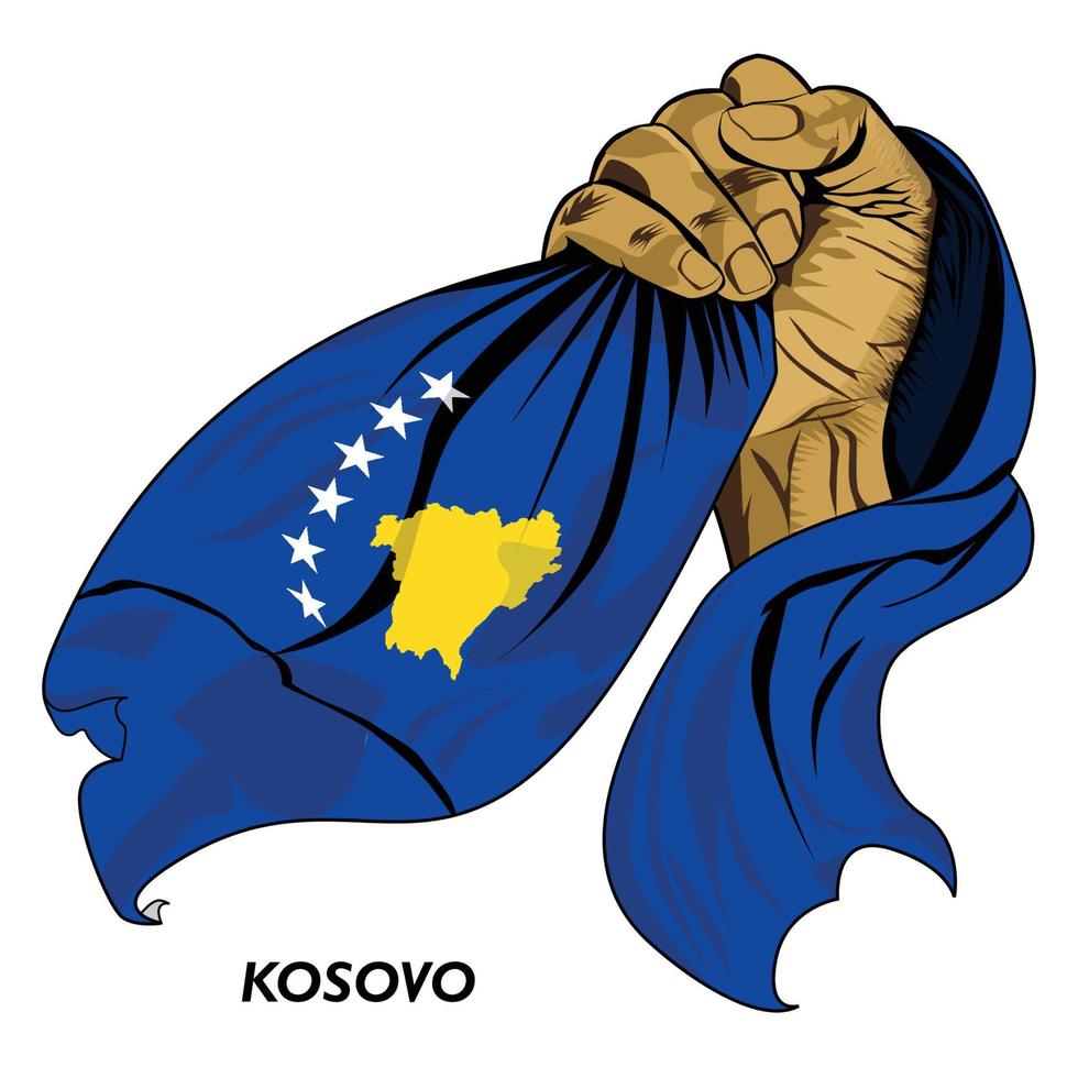 Fausthand, die die kosovarische Flagge hält. vektorillustration der handgehobenen und greifenden flagge. Flagge um die Hand drapiert. eps-Format vektor