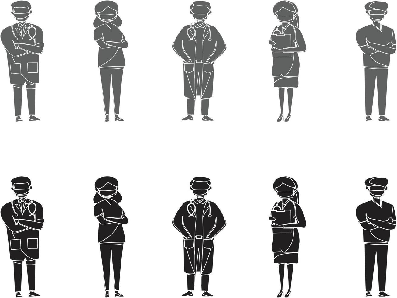 främre linje hjältar, illustration av doktorer och sjuksköterskor tecken bär masker. vektor