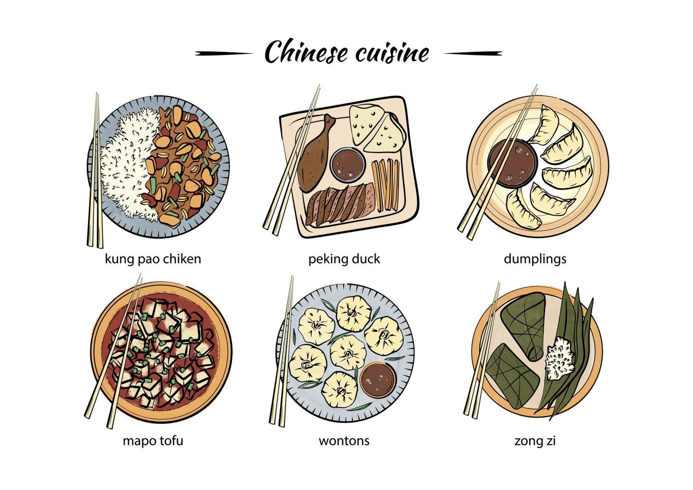 uppsättning av kinesisk nationell mat. asiatisk kök. kung pao kyckling, klimpar, peking Anka, mapo tofu, zong zi. flatlay vektor illustration