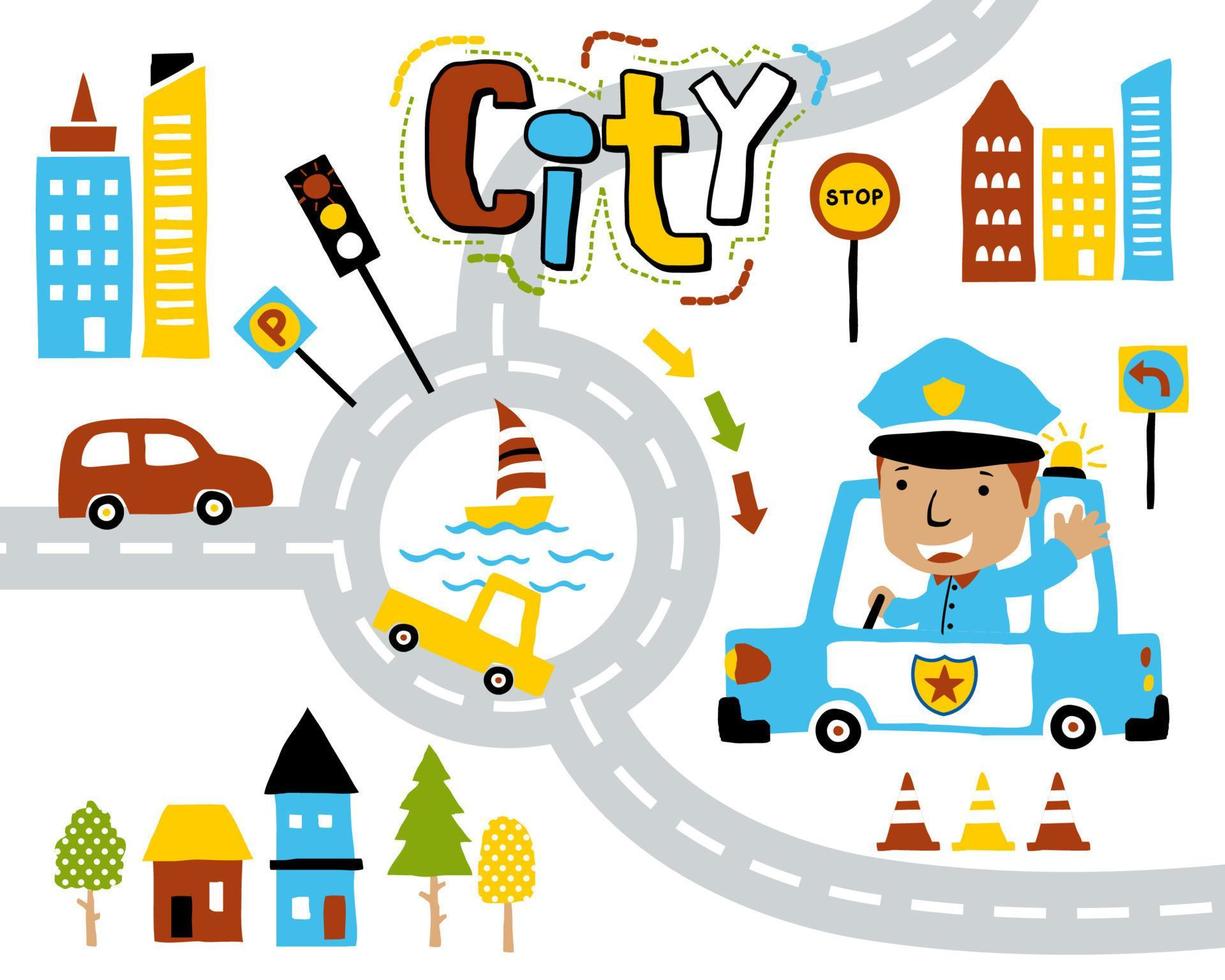 vektor av stadsbild element tecknad serie med rolig polis på bil
