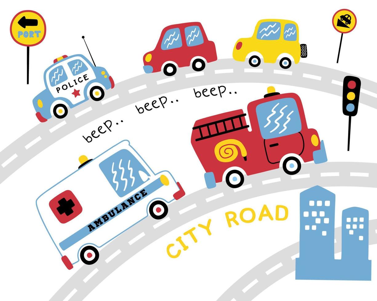 vektor uppsättning av olika fordon tecknad serie på de väg, trafik element illustration