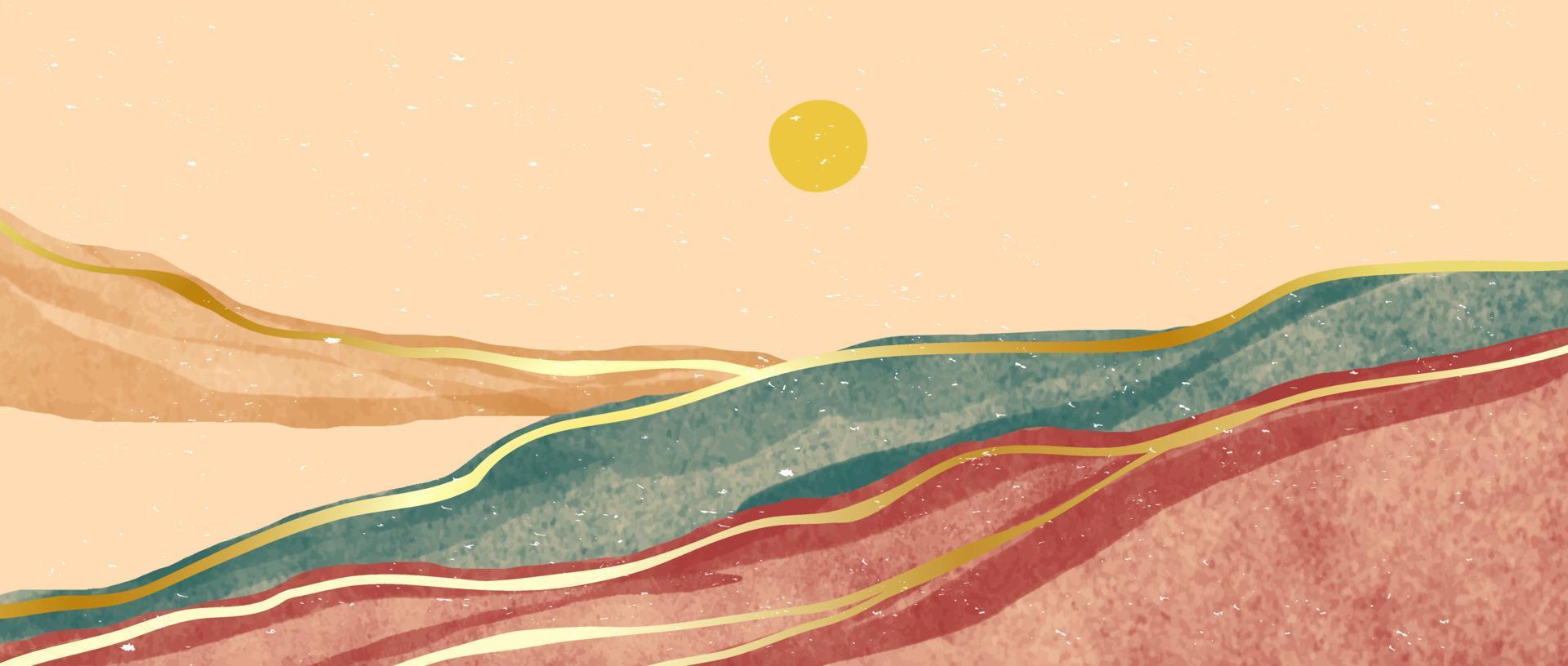 kreativ minimalistisk hand målad illustrationer av mitten århundrade modern. abstrakt samtida estetisk bakgrunder landskap med fjäll, kulle, solnedgång, hav. vektor illustrationer
