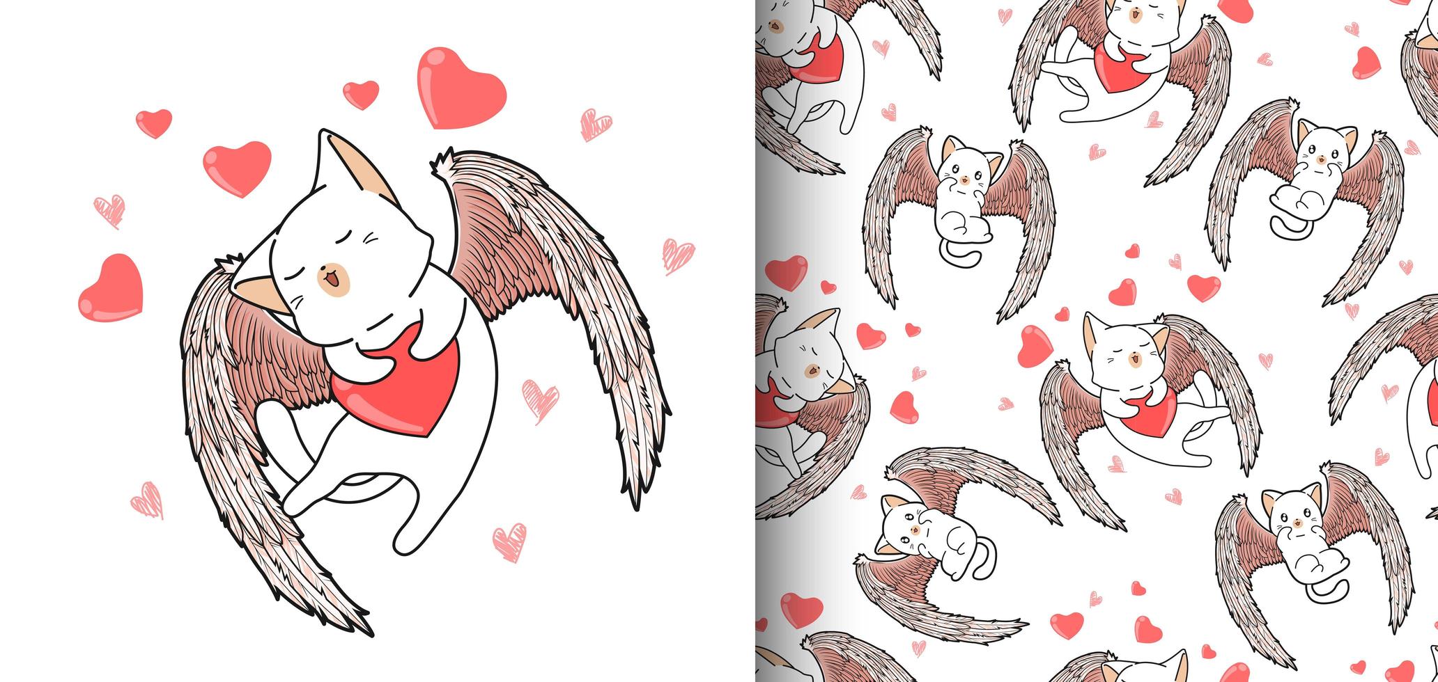 sömlösa mönster kawaii cupid katt med hjärta bakgrund vektor