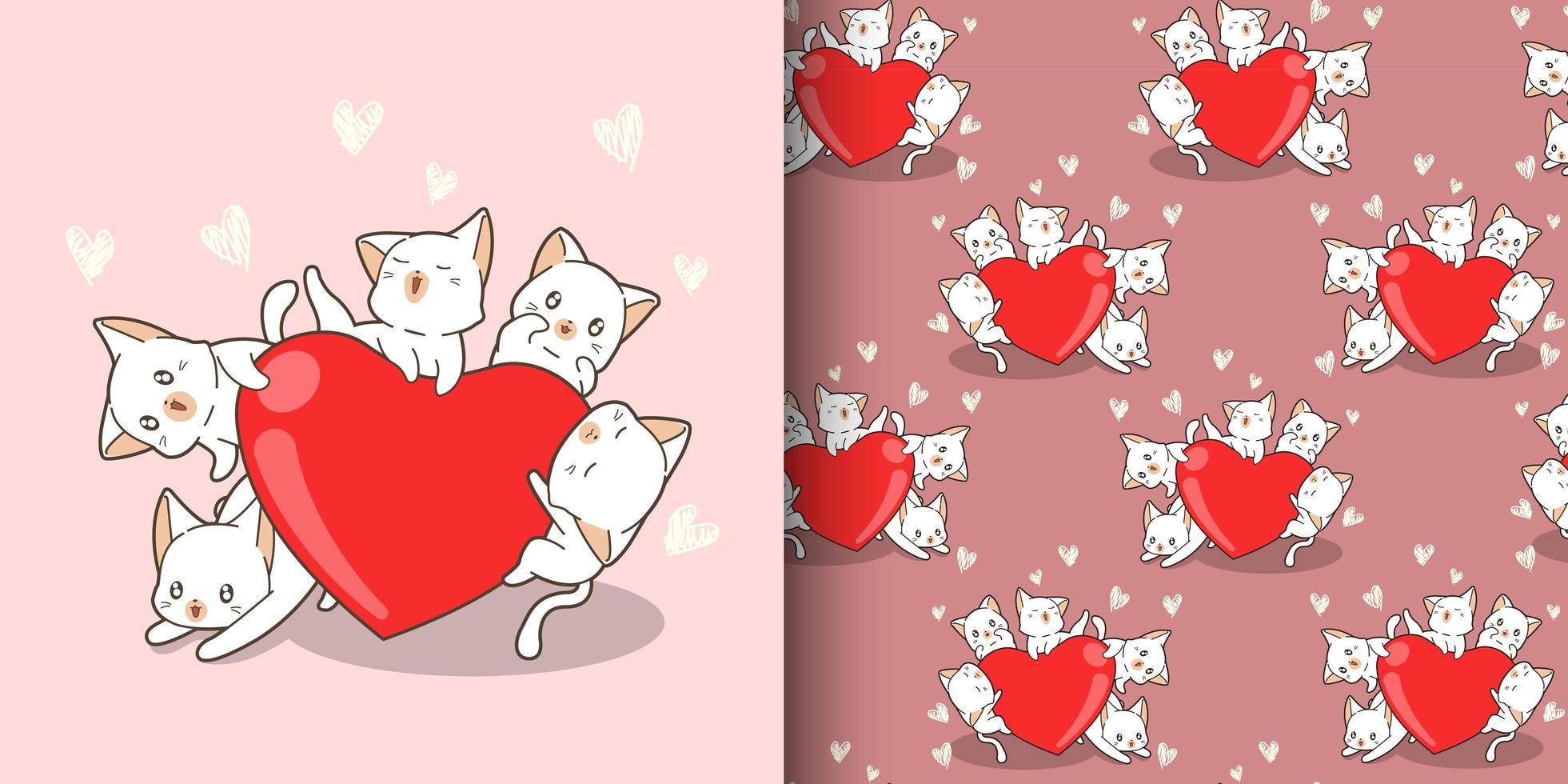 nahtlose Muster kawaii Katzenfiguren, die großes Herz umarmen vektor