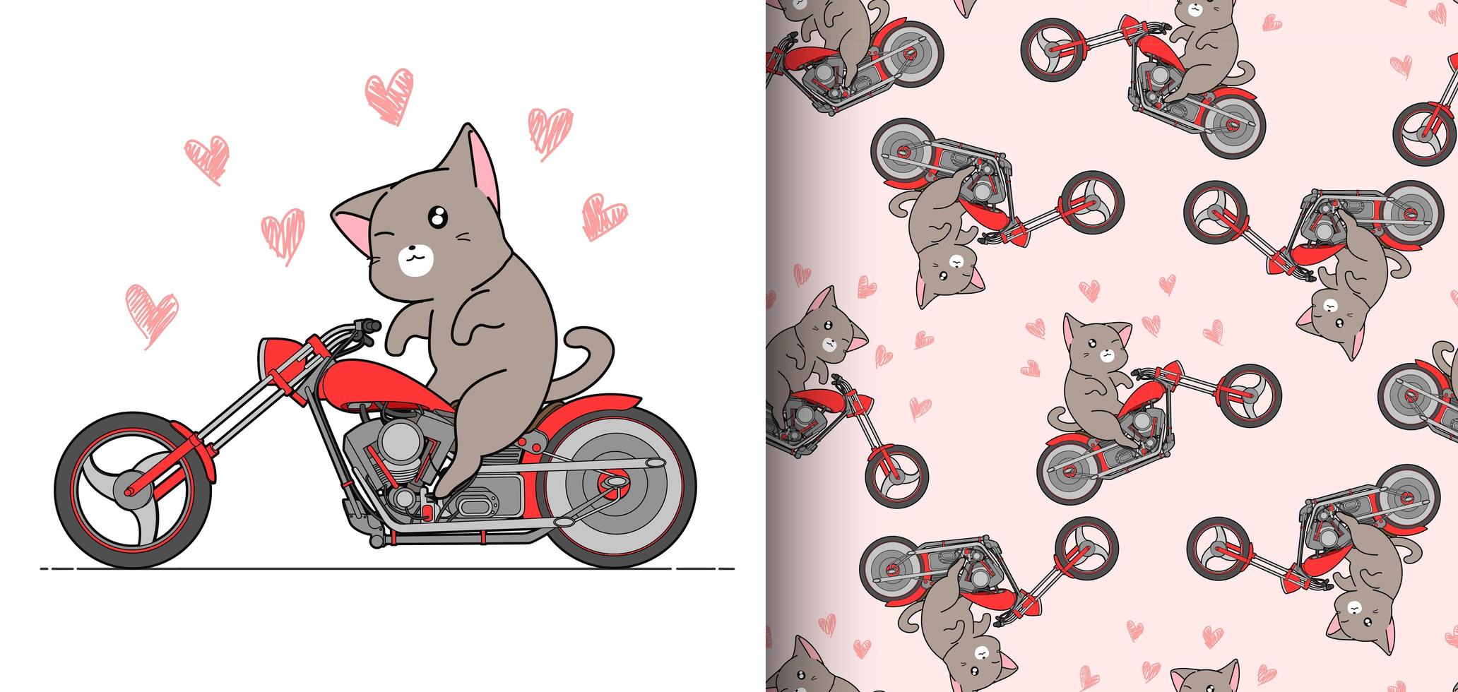 sömlösa mönster kawaii ryttare katt ridning röd motorcykel vektor