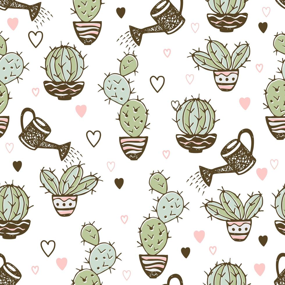 sömlösa mönster med kaktus i krukor och vattengrytor vektor