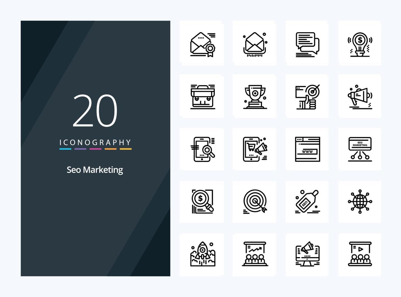 20 seo marknadsföring översikt ikon för presentation vektor