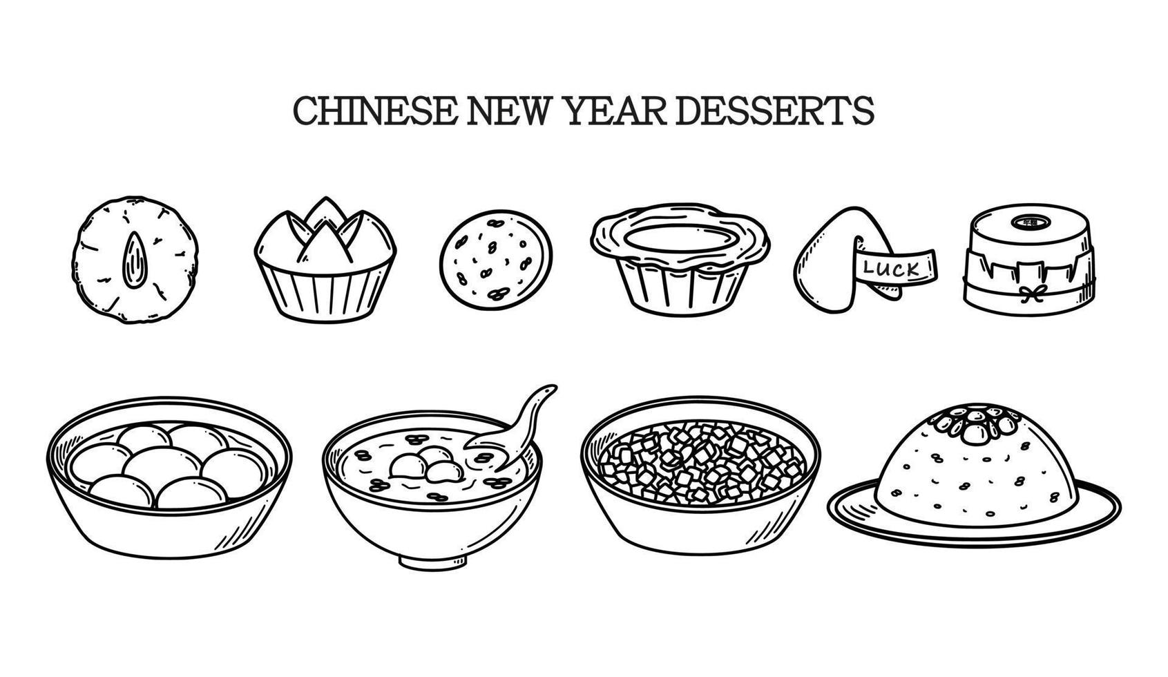 cny feier, chinesische neujahrsdesserts vektorillustration im gekritzelstil. vektor