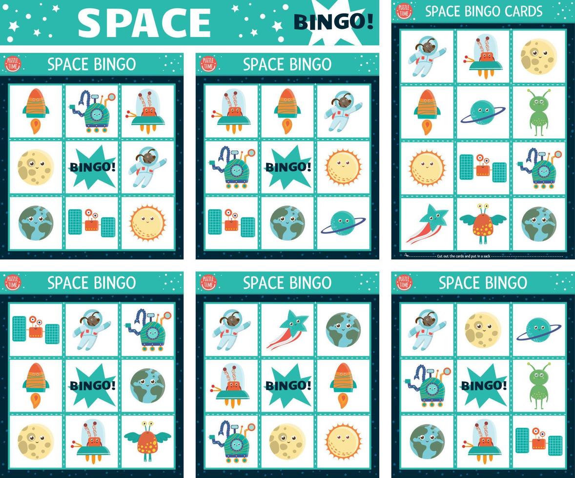 vektor Plats bingo kort uppsättning. roligt familj lotto styrelse spel med söt astronaut, stjärna, rocker, planet, utomjording ungar. astronomi lotteri aktivitet. enkel pedagogisk tryckbar arbetsblad.