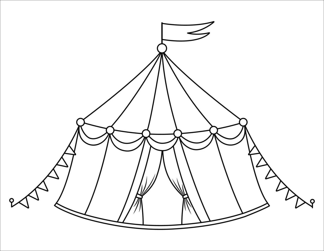 vektor svart och vit cirkus tält ikon. nöje parkera tält översikt ClipArt. söt rolig randig festival arena. gata visa strukturera illustration eller färg sida med flaggor