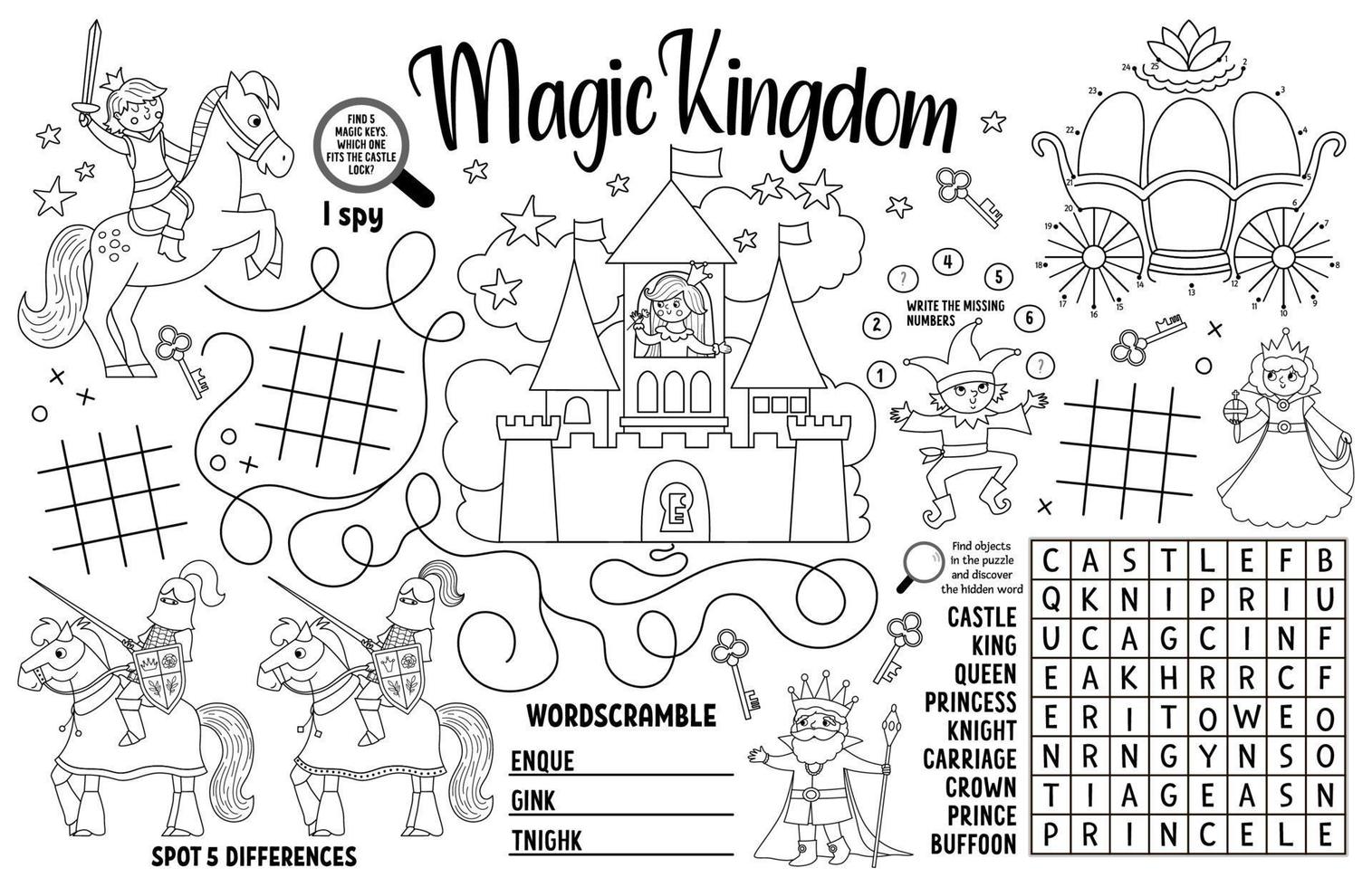 Vektor Magic Kingdom Tischset für Kinder. märchenhafte druckbare Aktivitätsmatte mit Labyrinth, Tic-Tac-Toe-Diagrammen, Punkte verbinden, Unterschiede finden. Schwarz-Weiß-Spielmatte oder Malseite