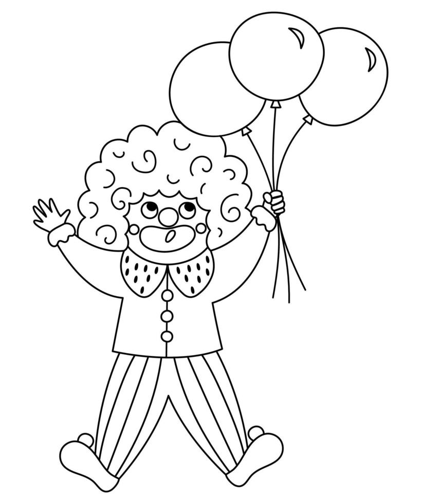 Vektor-Clown-Liniensymbol. Schwarz-Weiß-Zirkuskünstler-Clipart. Vergnügungsurlaub Mann fliegt auf Haufen Luftballons. süße lustige Festival-Charakter-Malseite. straßenshow-komikerillustration vektor