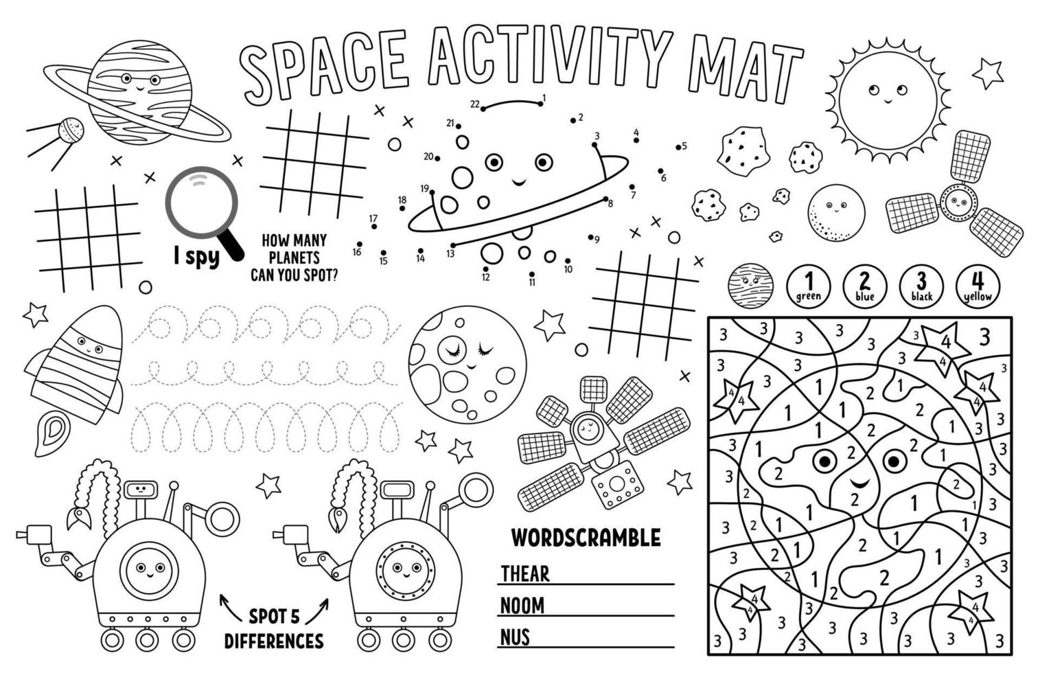 Vektorraum-Tischset für Kinder. märchenhafte druckbare Aktivitätsmatte mit Labyrinth, Tic-Tac-Toe-Diagrammen, Punkte verbinden, Unterschiede finden. Schwarz-Weiß-Spielmatte oder Malseite vektor