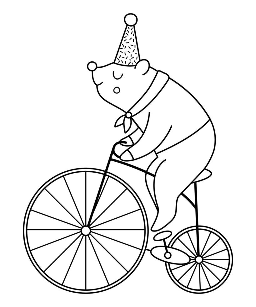 Schwarz-Weiß-Bär mit dem Fahrrad. Vektor Zirkustier. Vergnügungsurlaub Symbol Leitung. niedliche lustige festivalcharakterumrissclipart. Street Show Comedian Illustration oder Malseite