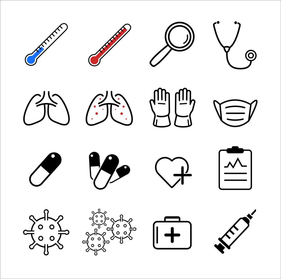 uppsättning av medicinsk ikoner vektor. uppsättning med termometer, förstoring, lungor, handskar, mask, biljard, hjärta, urklipp, virus, resväska och spruta. vektor