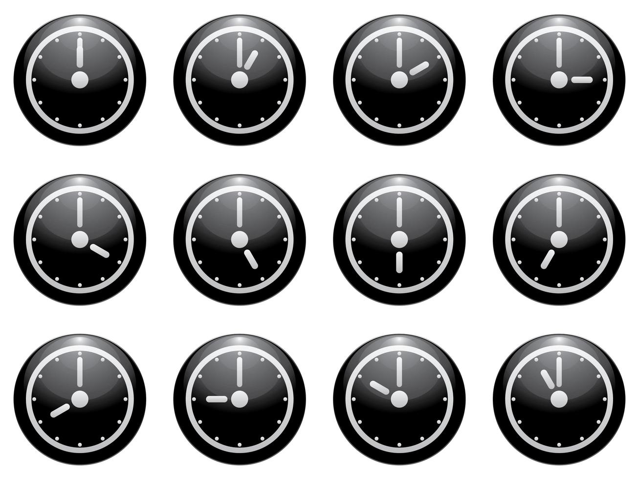 Uhrensymbol gesetzt weiß auf schwarz isoliert vektor