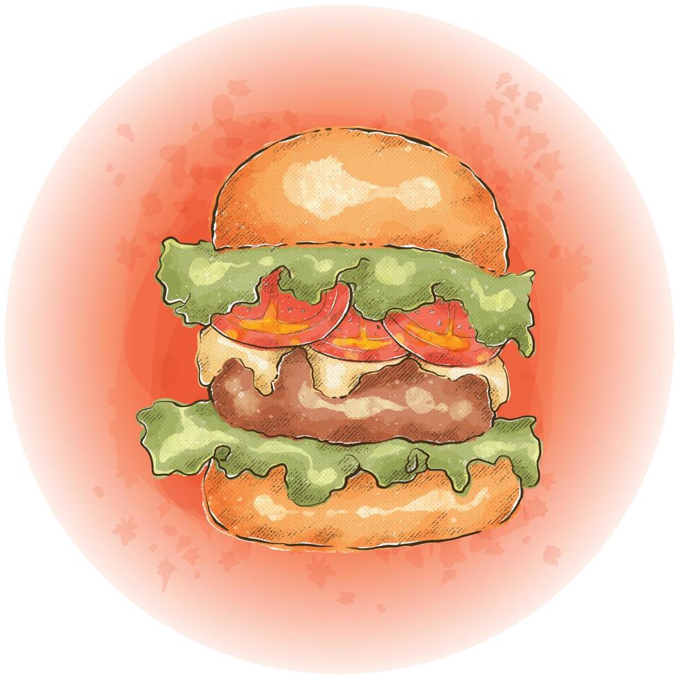 Aquarell-Hamburger mit Fleisch-, Käse-, Salat- und Tomatengrafik 07 vektor