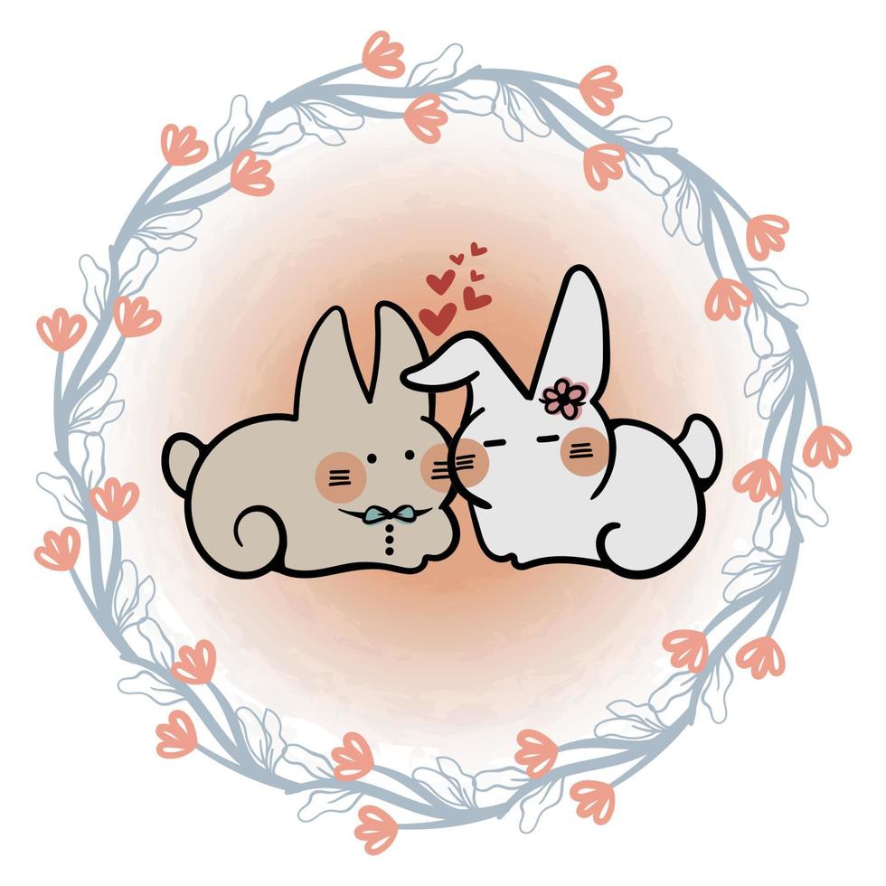 paar kaninchen mit rundem blumenkranz romantisch für valentinstagfeier vektorgrafiken 02 vektor