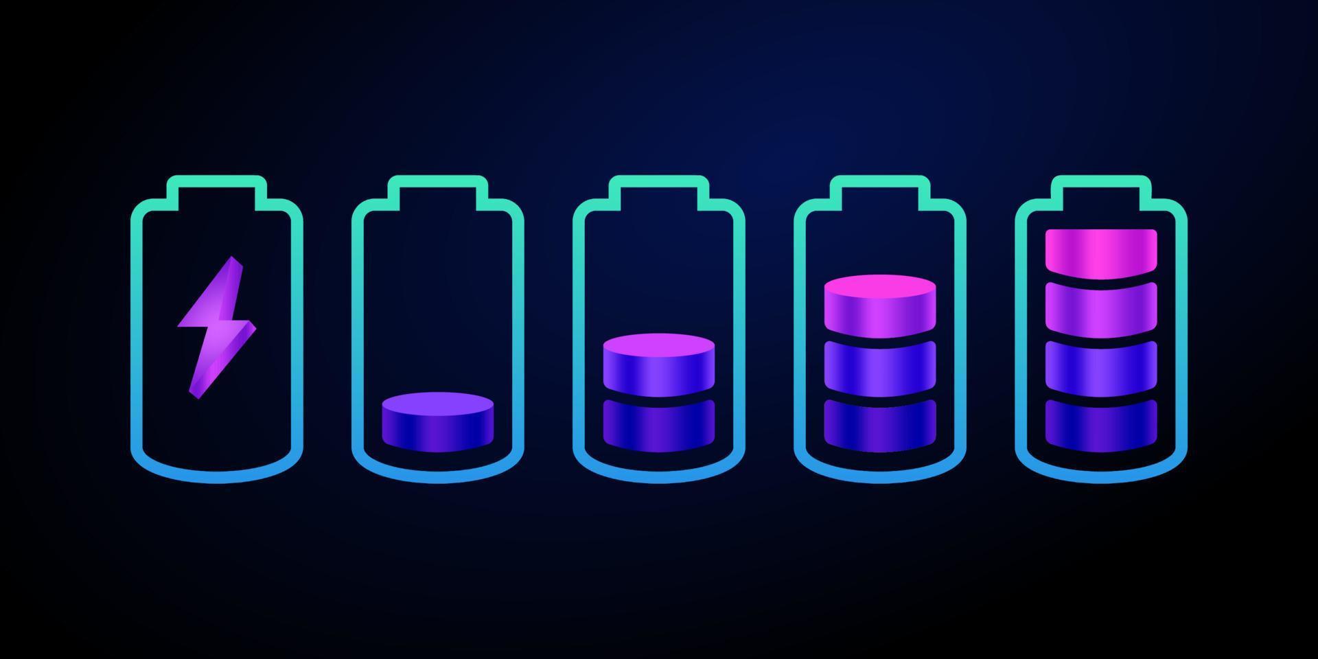 satz von batterieladezustandsanzeigen im 3d-stil. realistische vektorsatzillustration des batteriefortschritts. infografik-set für entladene und verschiedene energie-alkalibatterien vektor