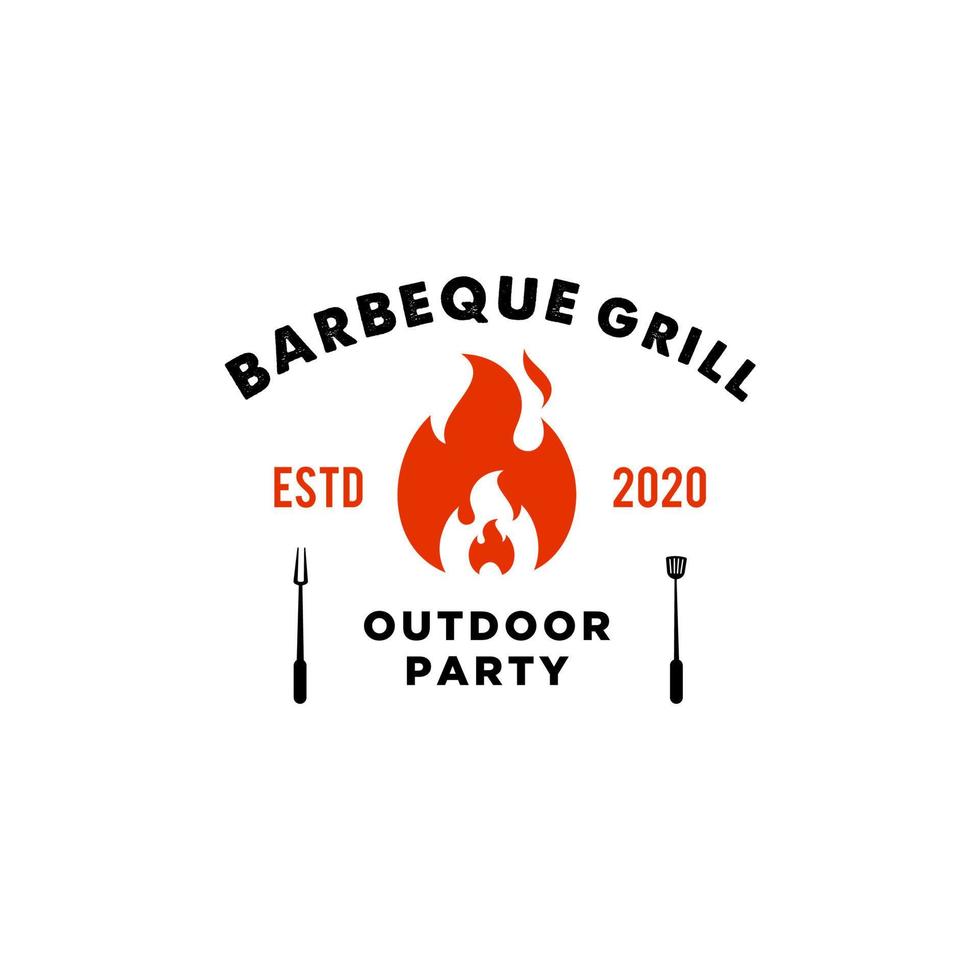 Vintage-Hipster-Grill-Barbecue-Grill mit gekreuztem Gabelspatel und Feuerflammen-Logo-Design vektor