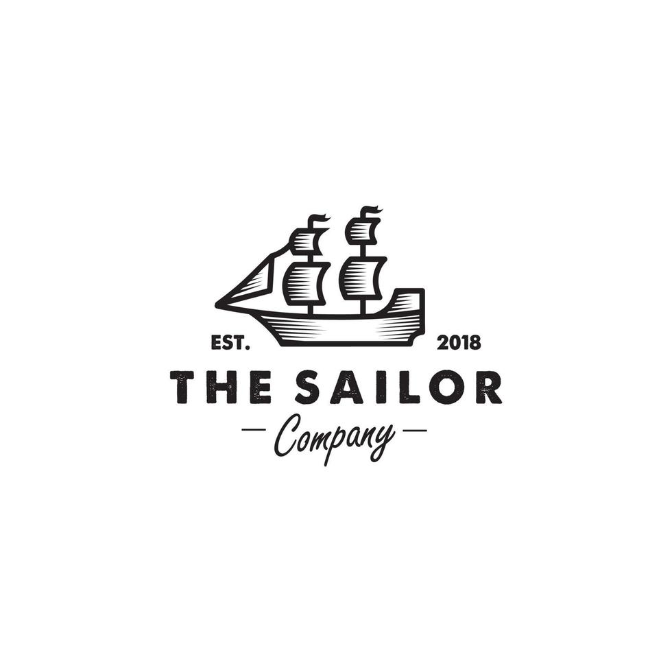 sjöman pirat fartyg, segling båt fartyg silhuett årgång retro rustik emblem ikon logotyp design vektor